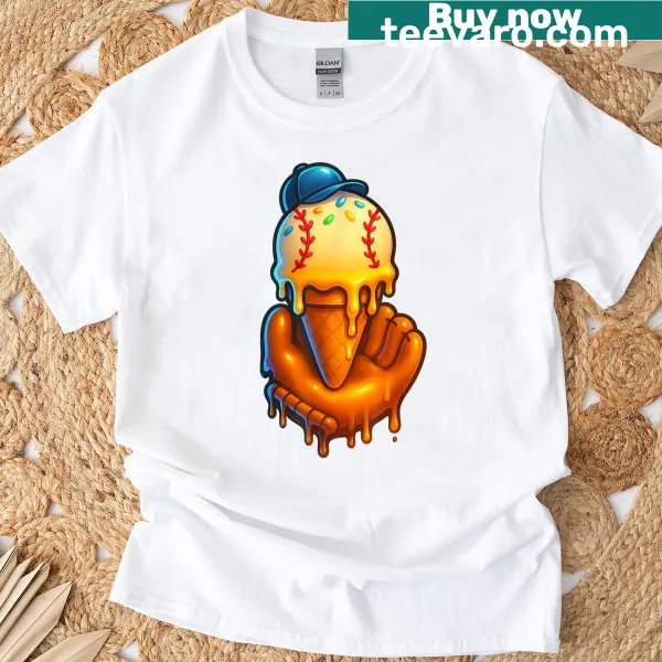 Whimsical t-shirt featuring ice cream dripping like a baseball