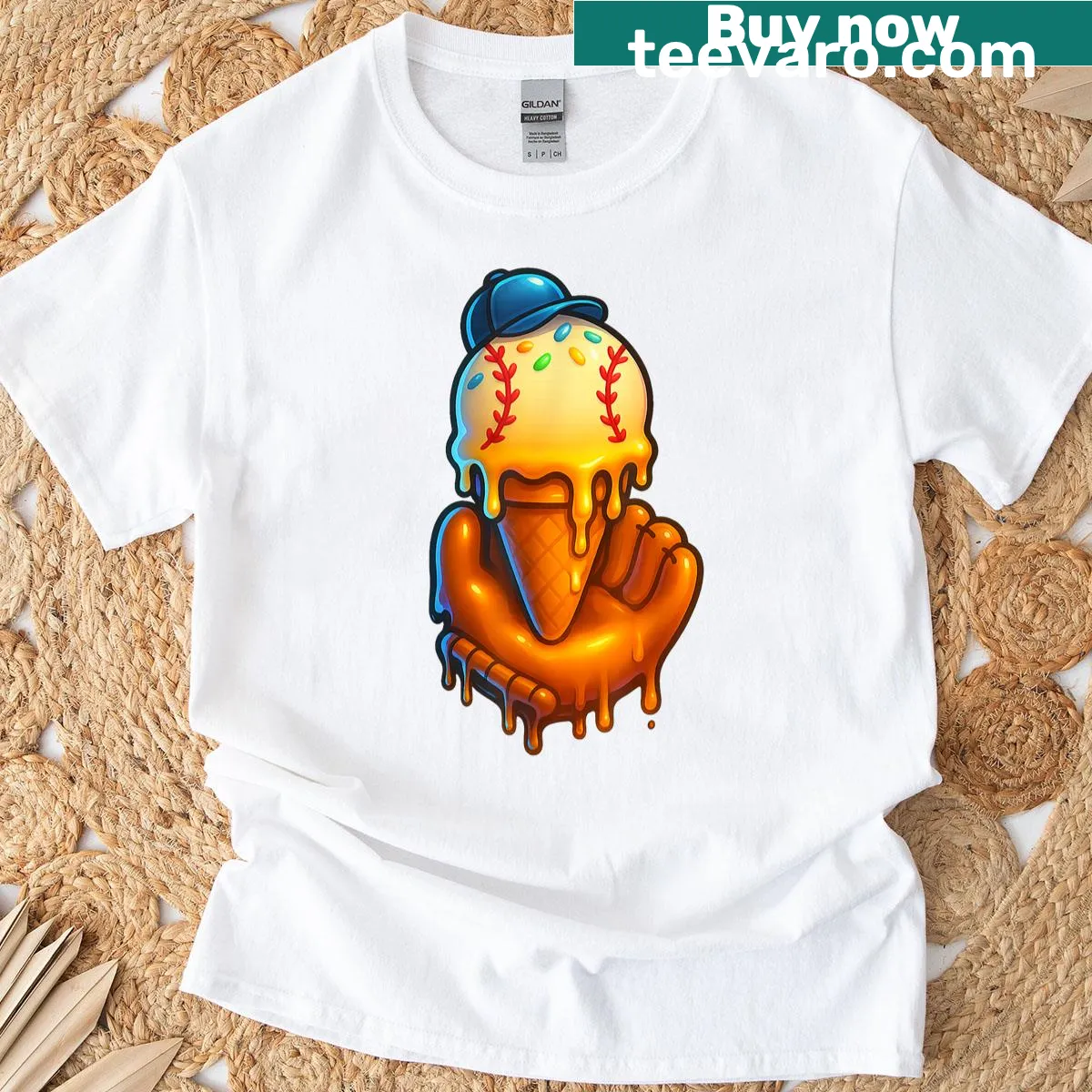 Whimsical t-shirt featuring ice cream dripping like a baseball — on a men's t-shirt