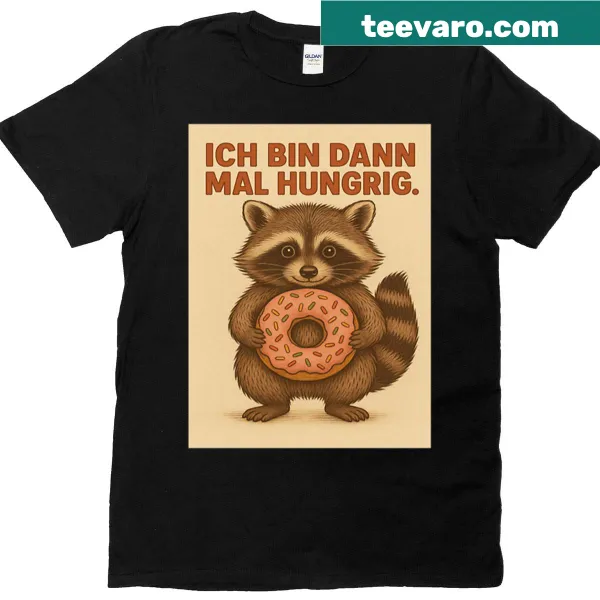 Illustrated t-shirt featuring a raccoon with a donut and fun text