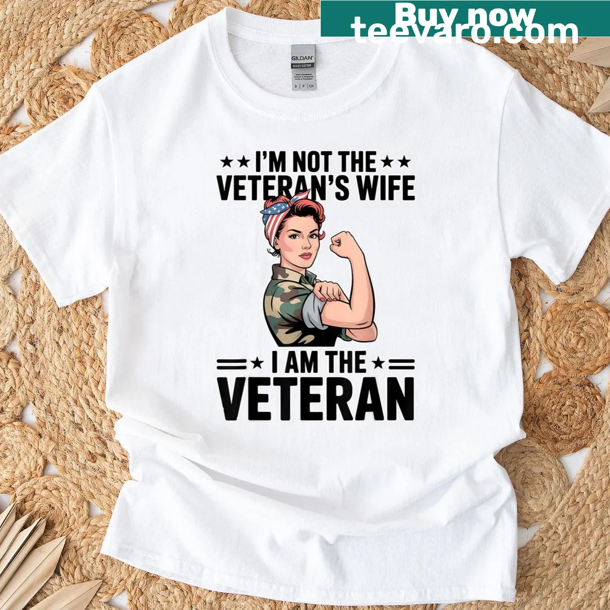 Patriotic t-shirt with 'Im Not The Veterans Wife Im The Veteran' text — on a men's t-shirt