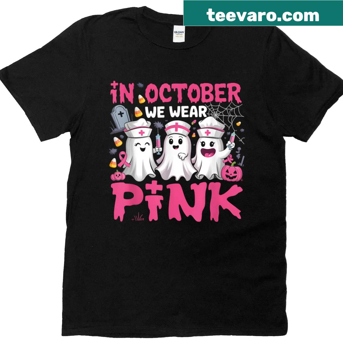 Halloween t-shirt with a ghost and the phrase 'In October We Wear Pink.' — on a men's t-shirt