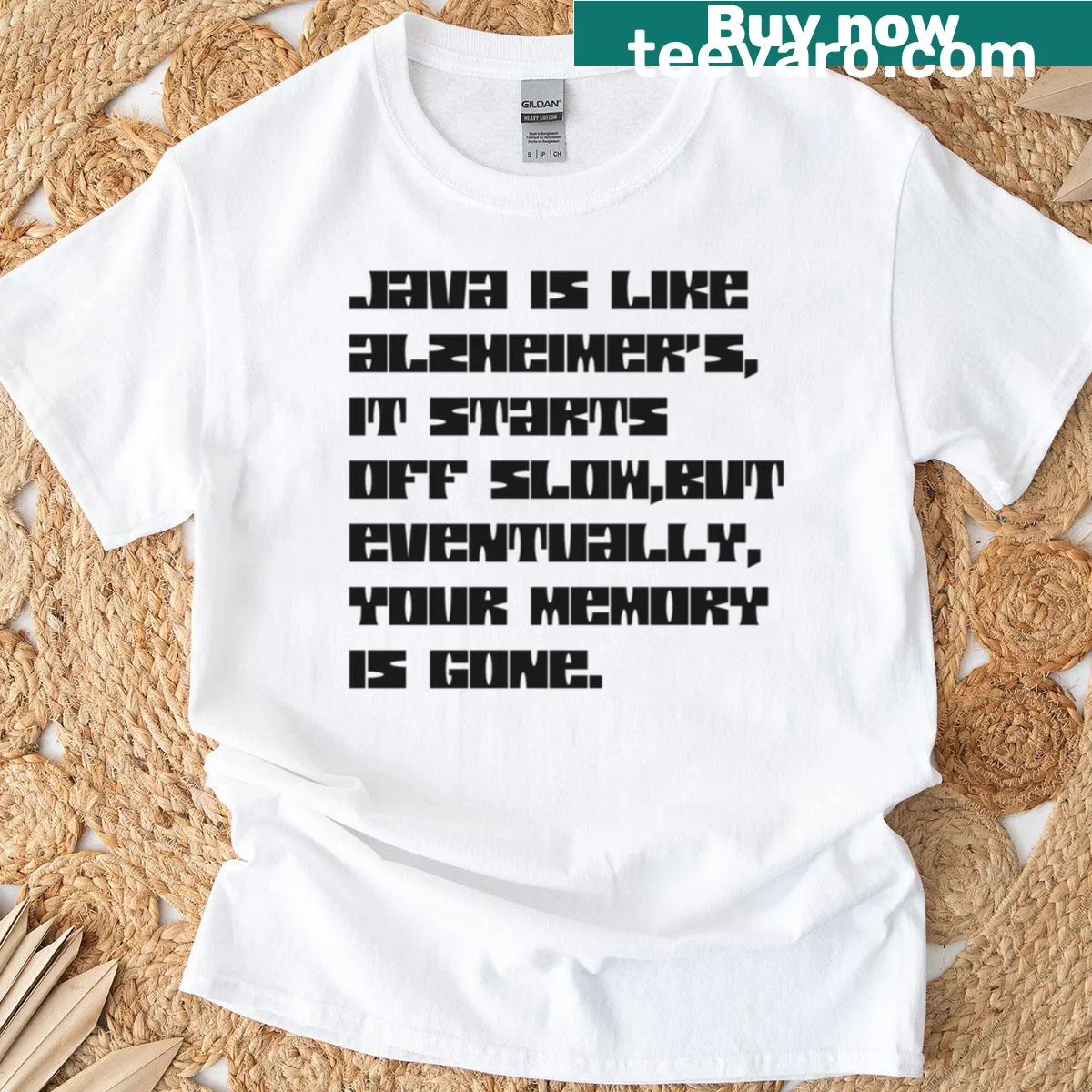 Funny programming t-shirt about Java memory loss and coffee overload — on a men's t-shirt