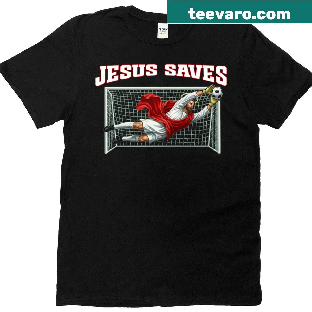 Inspirational t-shirt with the text 'Jesus Saves' — on a men's t-shirt