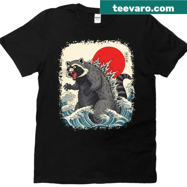 Whimsical t-shirt featuring a raccoon as a kaiju monster
