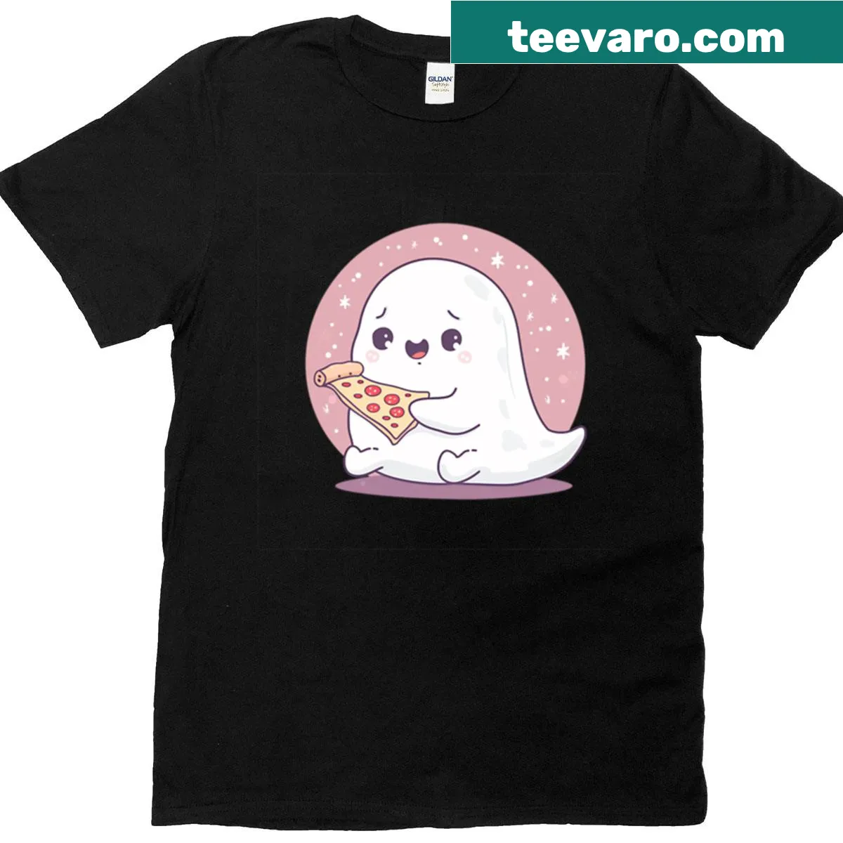 Cartoon ghost eating pizza in a cute Halloween design — on a men's t-shirt