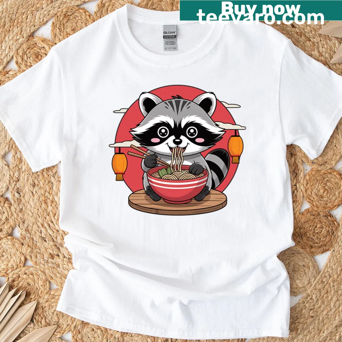 Kawaii raccoon cartoon enjoying ramen noodles graphic — on a men's t-shirt