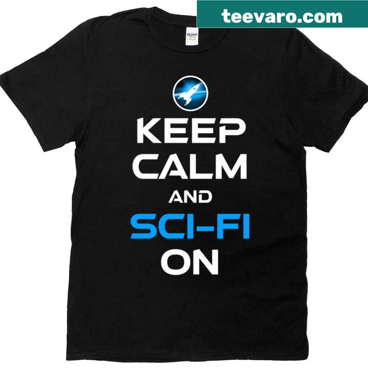 Inspirational "Keep Calm And Sci-fi On" t-shirt for sci-fi lovers — on a men's t-shirt