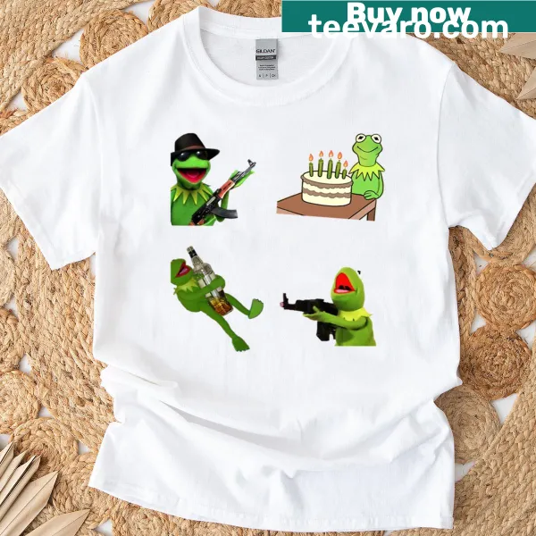 T-shirt featuring a pack of Kermit meme stickers in various expressions