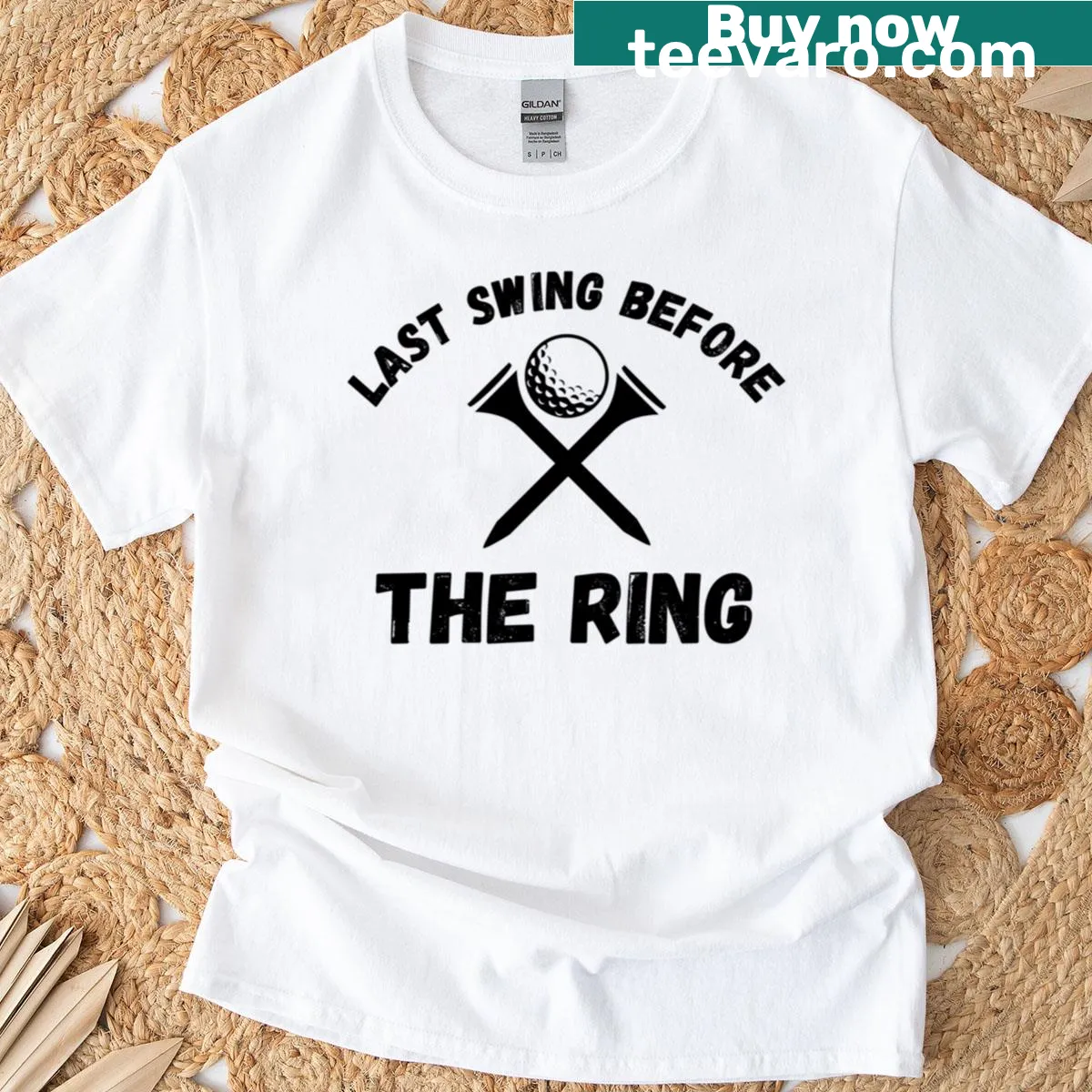 Bachelor party golf t-shirt with 'Last Swing Before The Ring' text — on a men's t-shirt