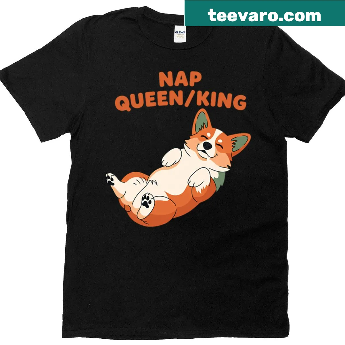 Funny t-shirt featuring 'Nap Queen' or 'Nap King' with a corgi design — on a men's t-shirt