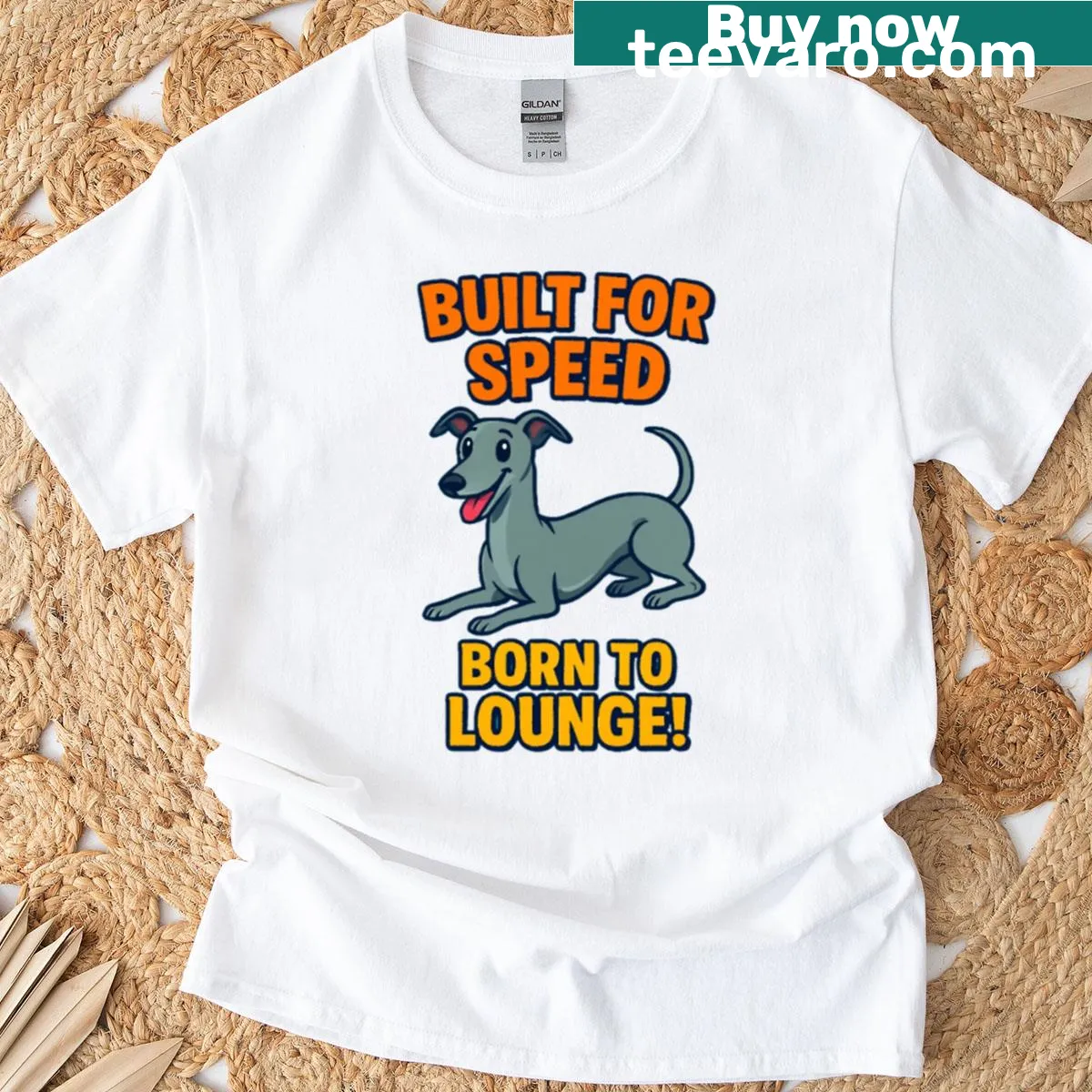 Illustrated t-shirt of a lazy greyhound dog lounging — on a men's t-shirt