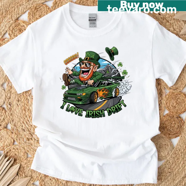 Leprechaun drift graphic design t-shirt celebrating Irish motorsport
