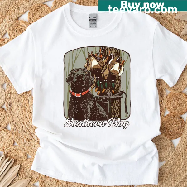 Vintage Southern duck hunting t-shirt featuring a Black Lab