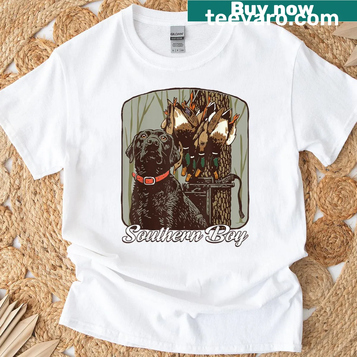 Vintage Southern duck hunting t-shirt featuring a Black Lab — on a men's t-shirt