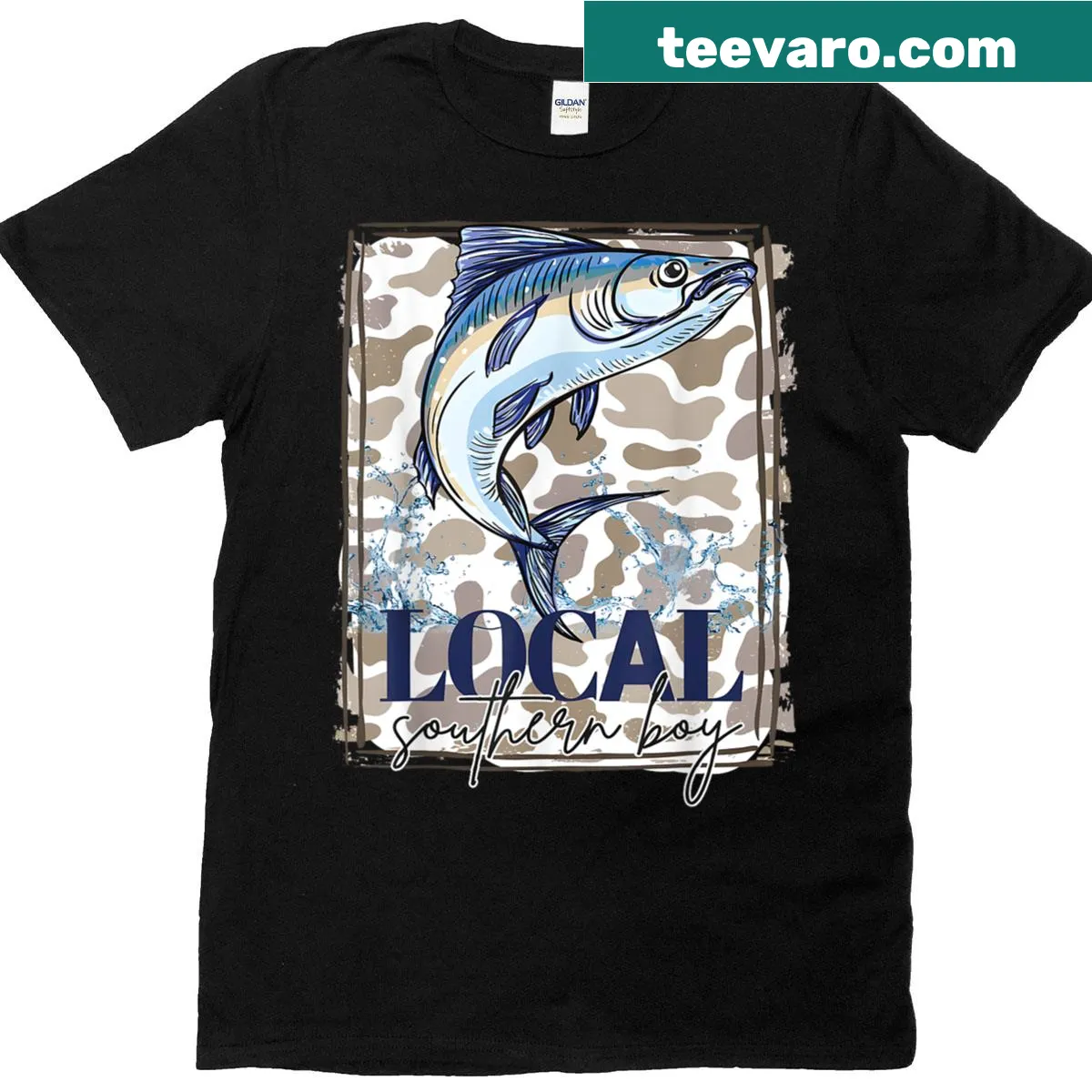 Vintage camo t-shirt with Southern fishing theme — on a men's t-shirt