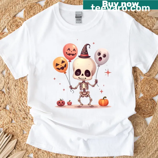 Cute Halloween t-shirt with mini skeleton and balloons design
