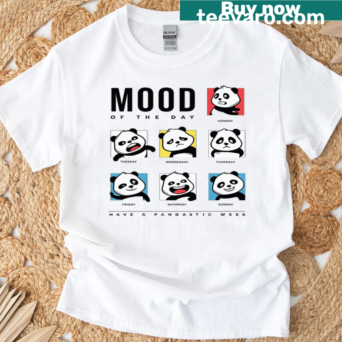 Panda illustration capturing various moods on a t-shirt — on a men's t-shirt