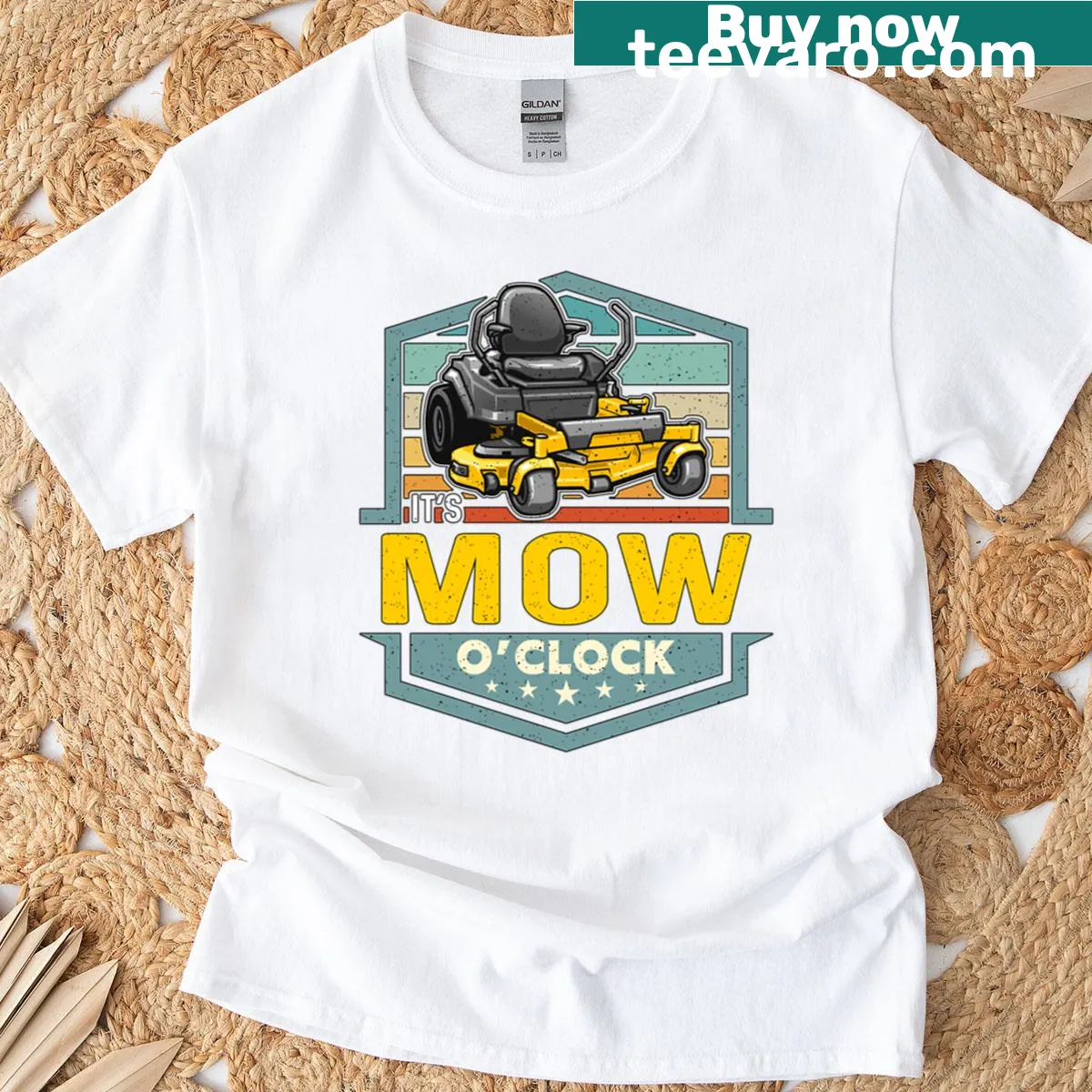 Typography lawn mowing t-shirt with It's Mow O'clock phrase — on a men's t-shirt