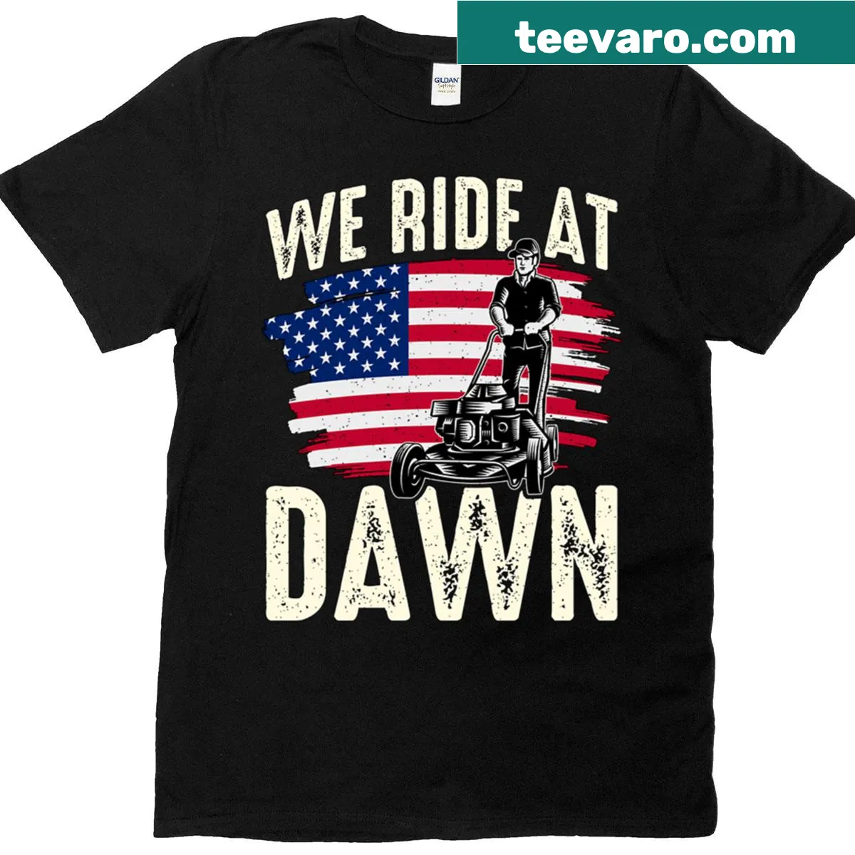 Oversized T-shirt with the phrase 'Mower We Ride At Dawn' in playful typography — on a men's t-shirt