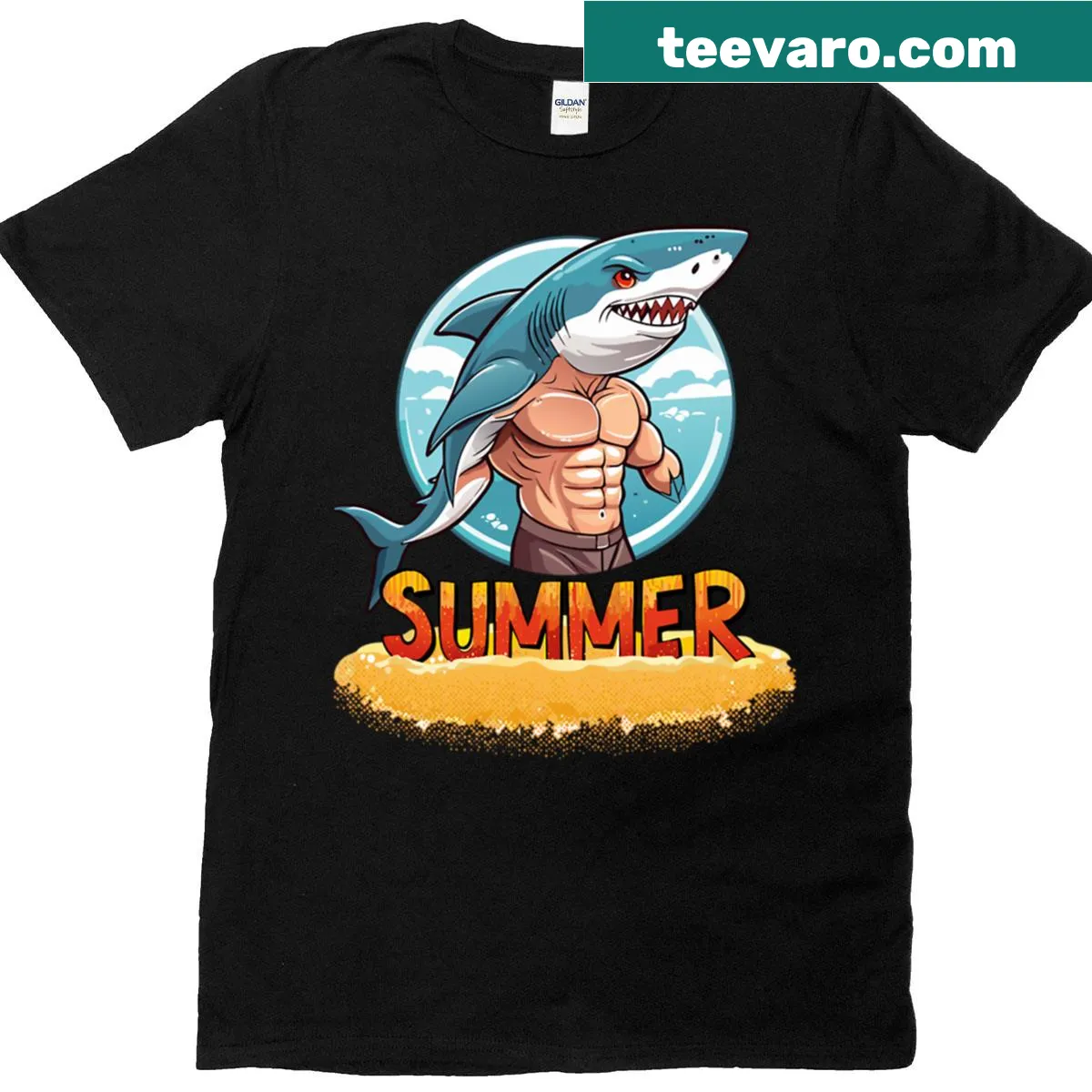 Muscle Shark illustration on a bold gym t-shirt — on a men's t-shirt