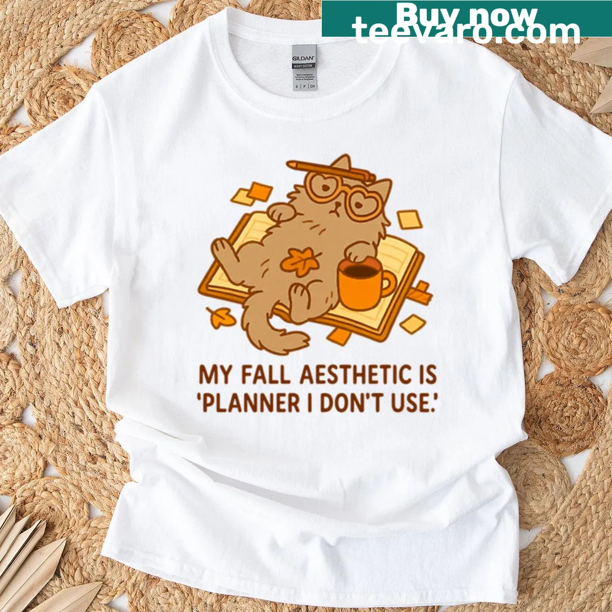 Humorous planner-themed cat lover t-shirt for autumn vibes — on a men's t-shirt