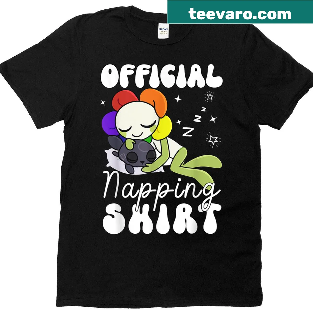 Toddler girls T-shirt featuring cartoon characters enjoying nap time — on a men's t-shirt