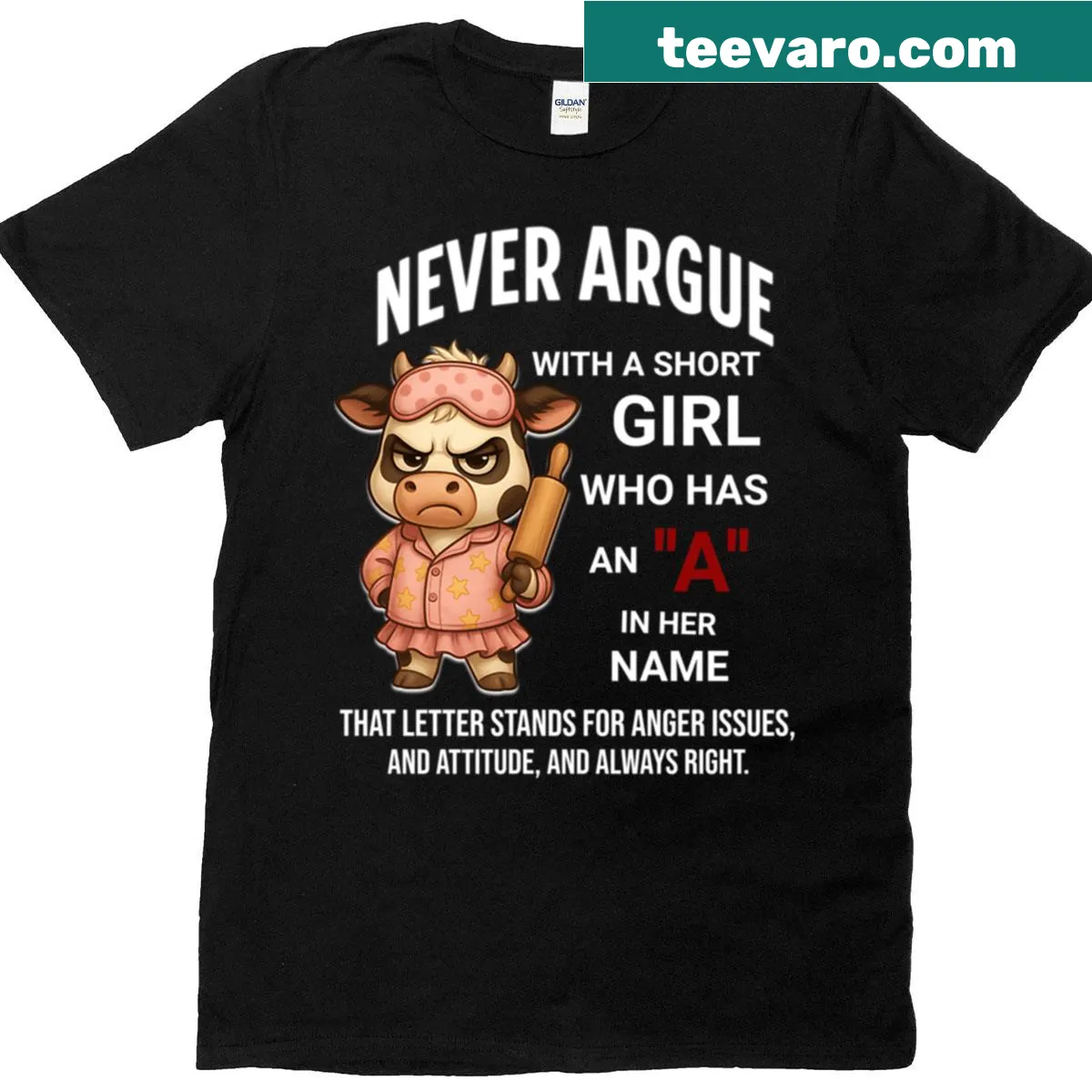 Oversized t-shirt with funny cow graphic and text about short girls — on a men's t-shirt