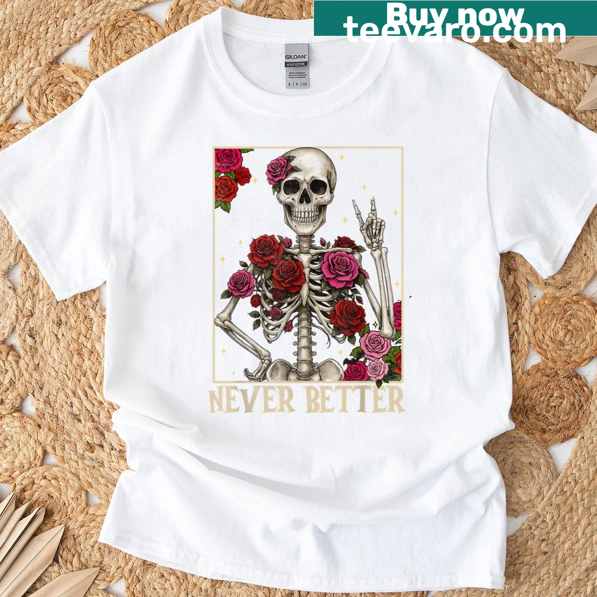 Floral skeleton graphic on a vintage-style Halloween t-shirt — on a men's t-shirt