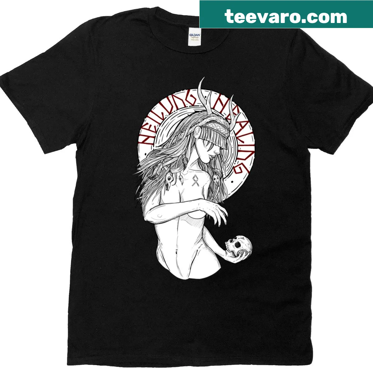 Nordic shaman girl t-shirt with healing theme — on a men's t-shirt