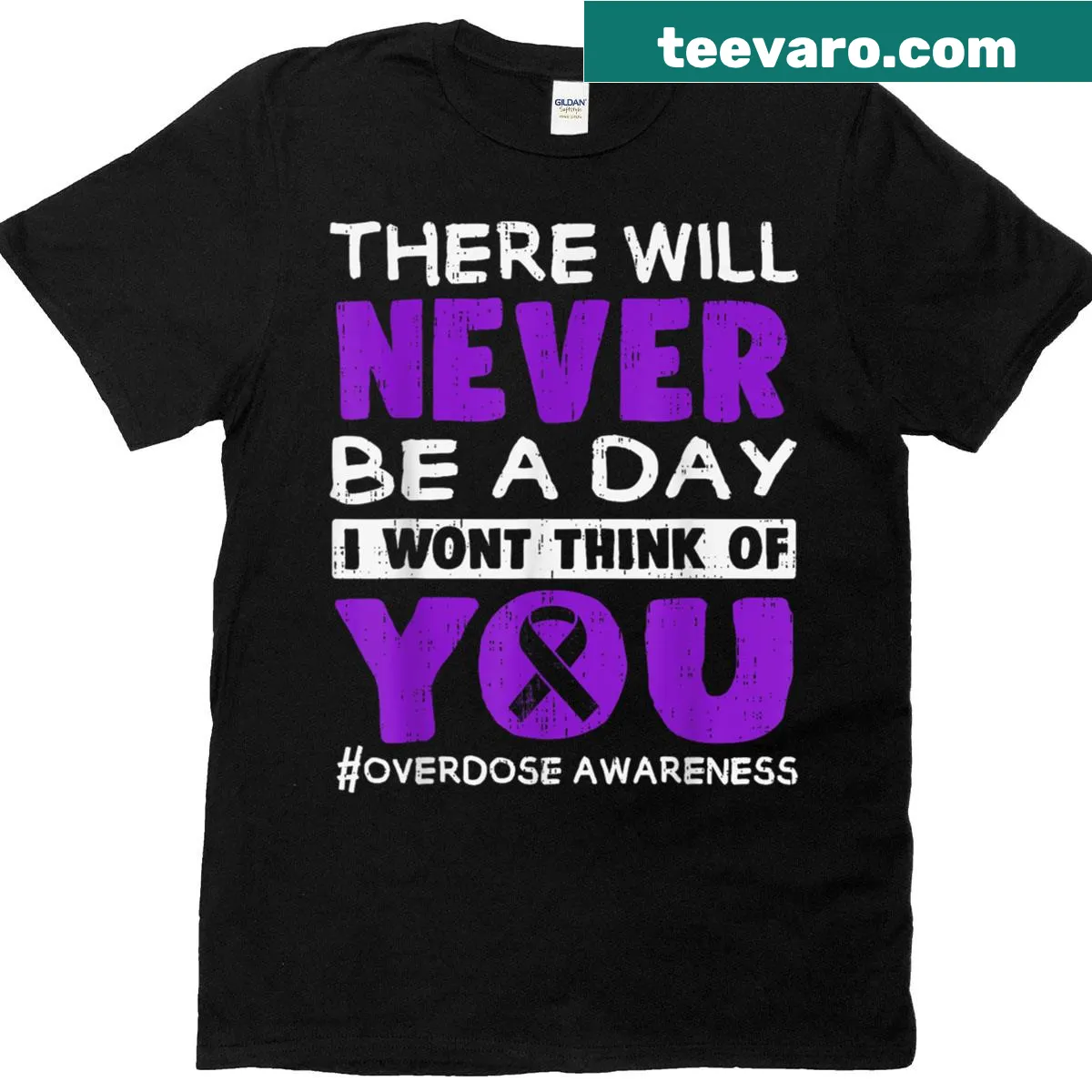 Purple ribbon t-shirt for overdose awareness support — on a men's t-shirt
