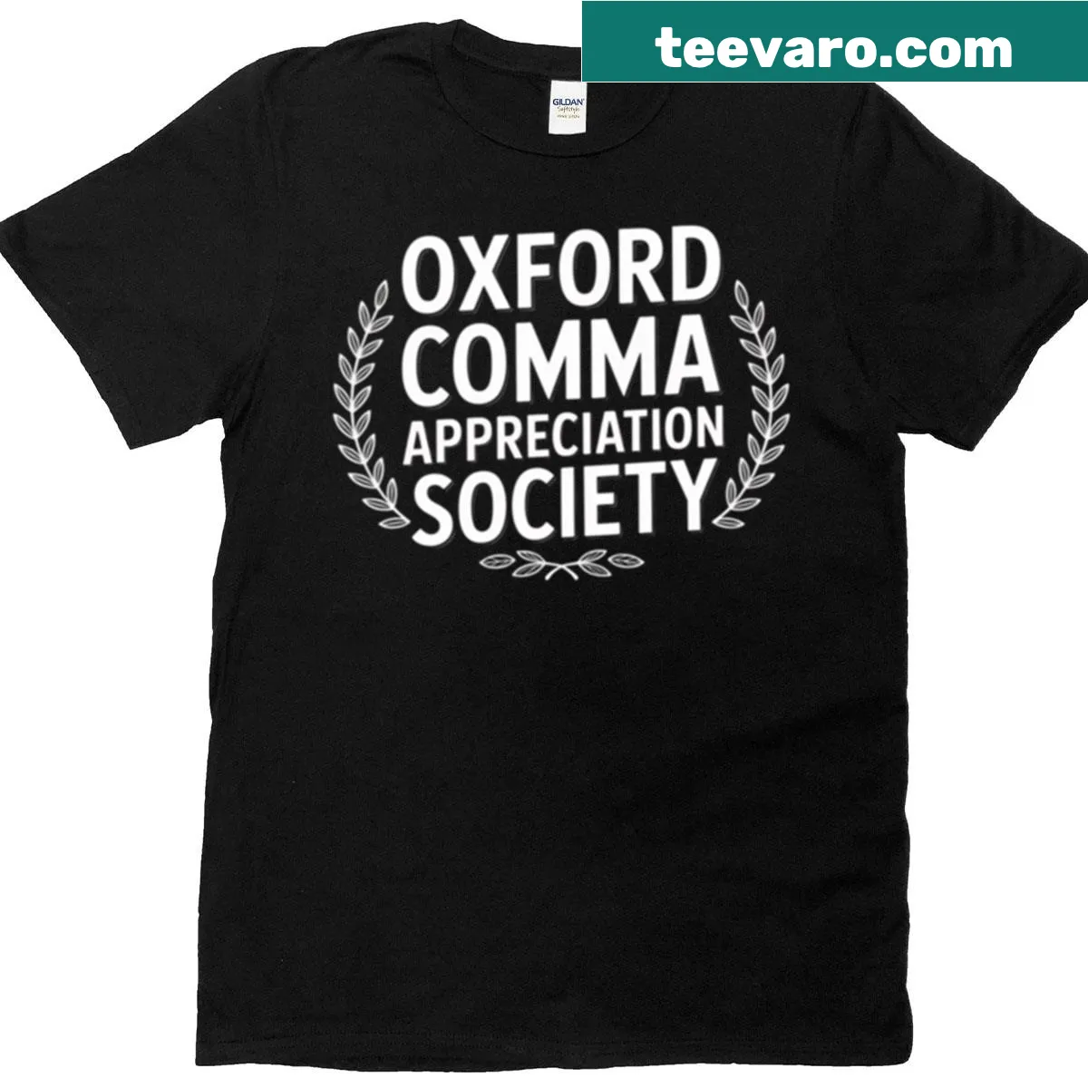 Oxford Comma Appreciation Society t-shirt with typography design — on a men's t-shirt