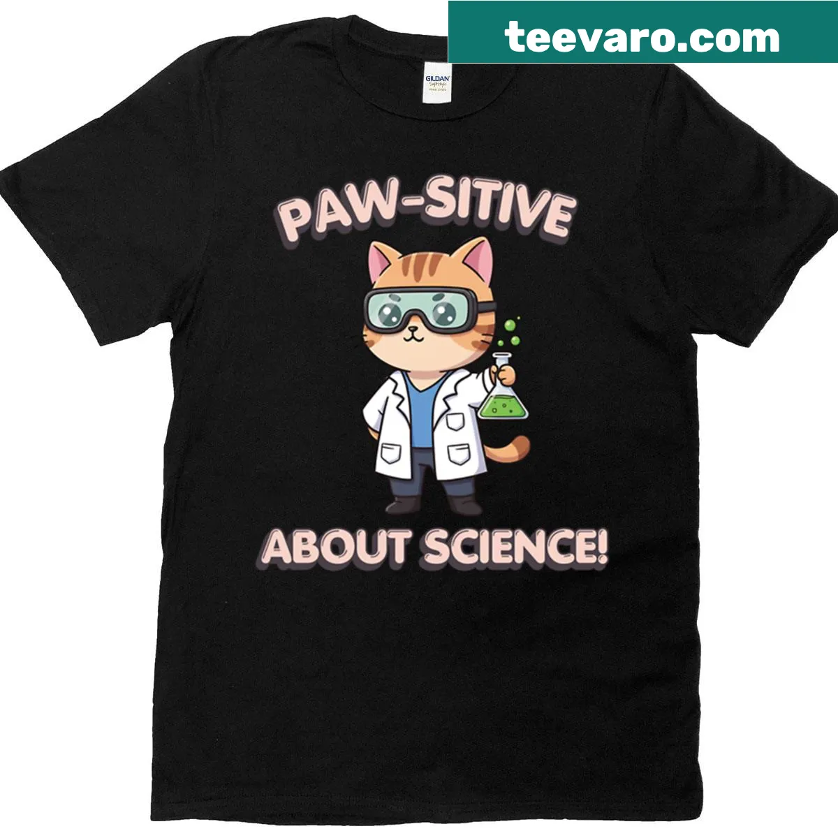 Cute chibi cat graphic with Paw-sitive About Science text for kids — on a men's t-shirt