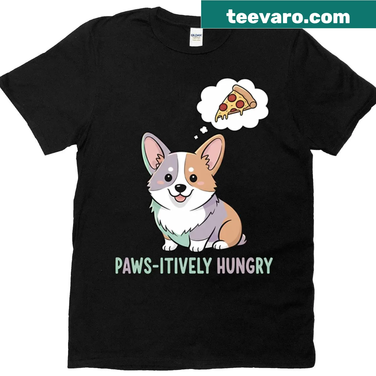 T-shirt with a hungry corgi cartoon and pizza — on a men's t-shirt