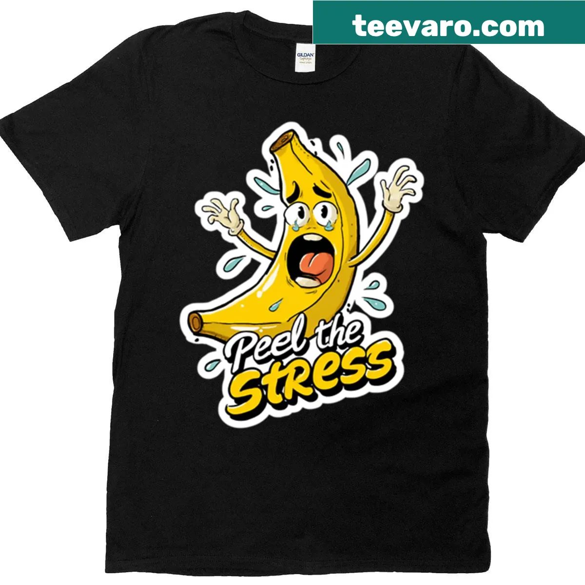 Funny banana pun t-shirt with text 'Peel The Stress' — on a men's t-shirt