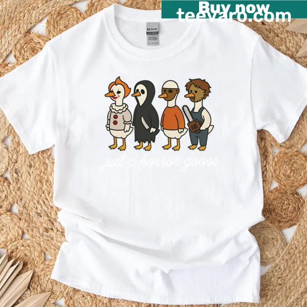 Funny horror-themed T-shirt featuring iconic characters with a goose twist