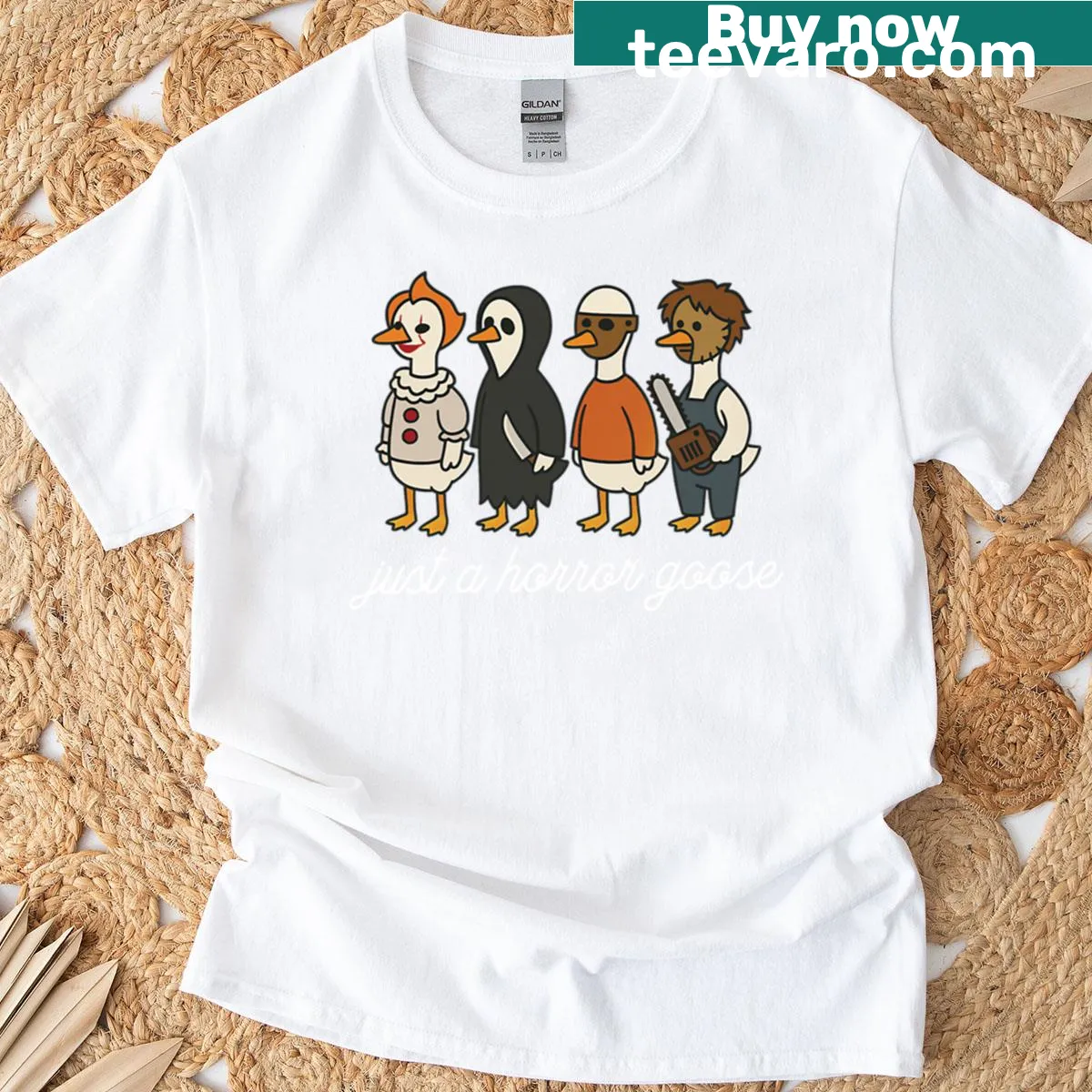 Funny horror-themed T-shirt featuring iconic characters with a goose twist — on a men's t-shirt