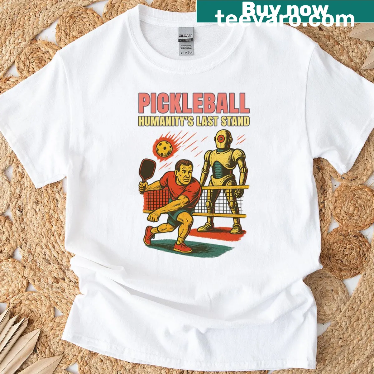 Funny retro graphic shirt depicting humans vs robots in pickleball. — on a men's t-shirt