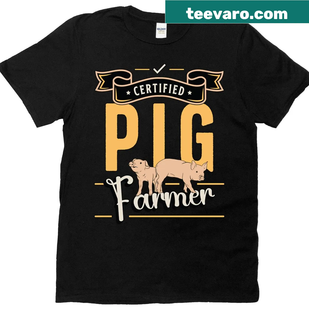 Illustration of farm animals with 'Certified Pig Farmer' text — on a men's t-shirt