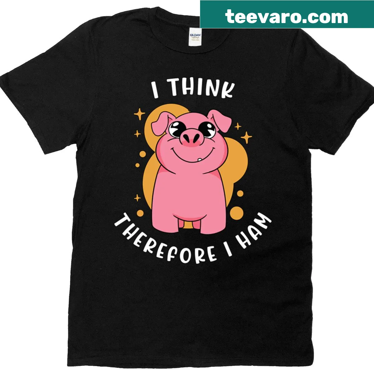 Funny T-shirt with 'I Think Therefore I Ham' text — on a men's t-shirt