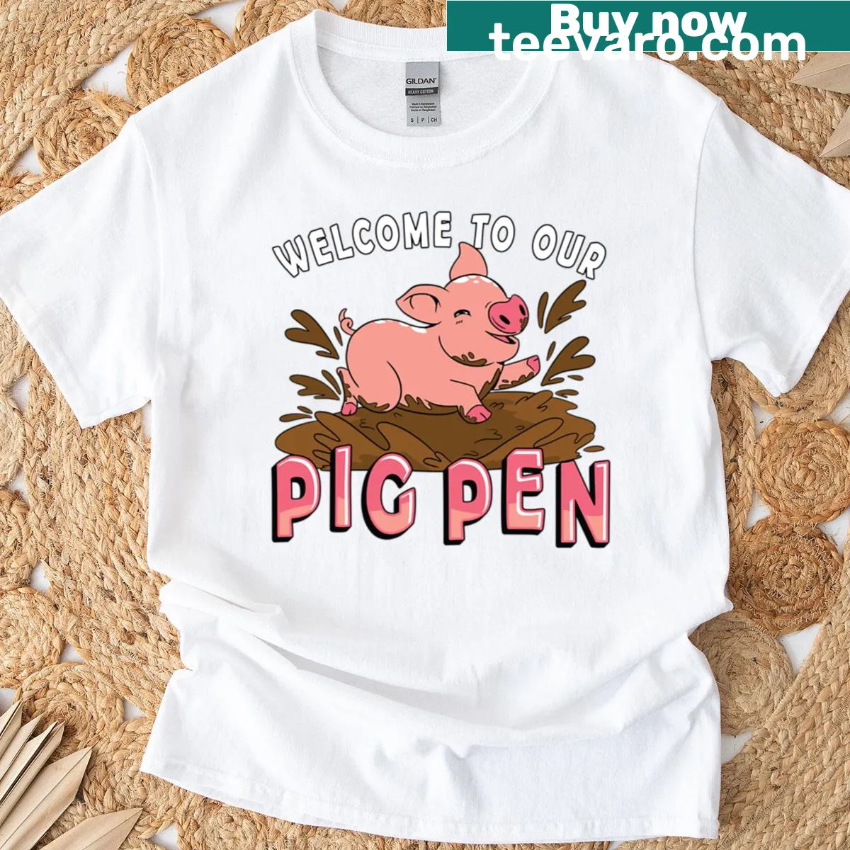 Illustrated T-shirt with a pig and farm-themed text — on a men's t-shirt