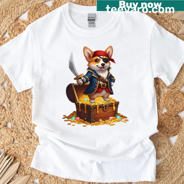 Oversized shirt with a playful pirate corgi treasure hunter illustration