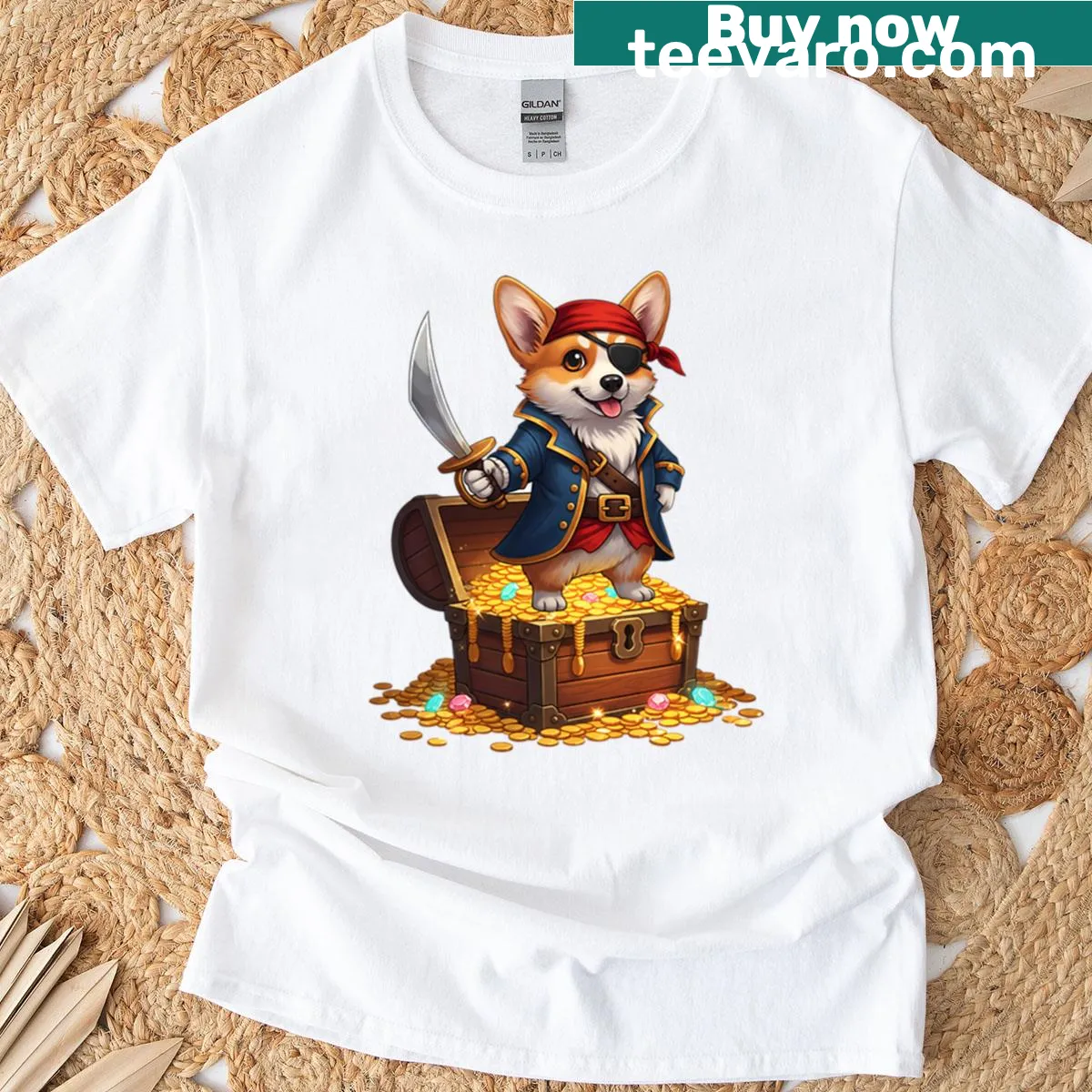 Oversized shirt with a playful pirate corgi treasure hunter illustration — on a men's t-shirt