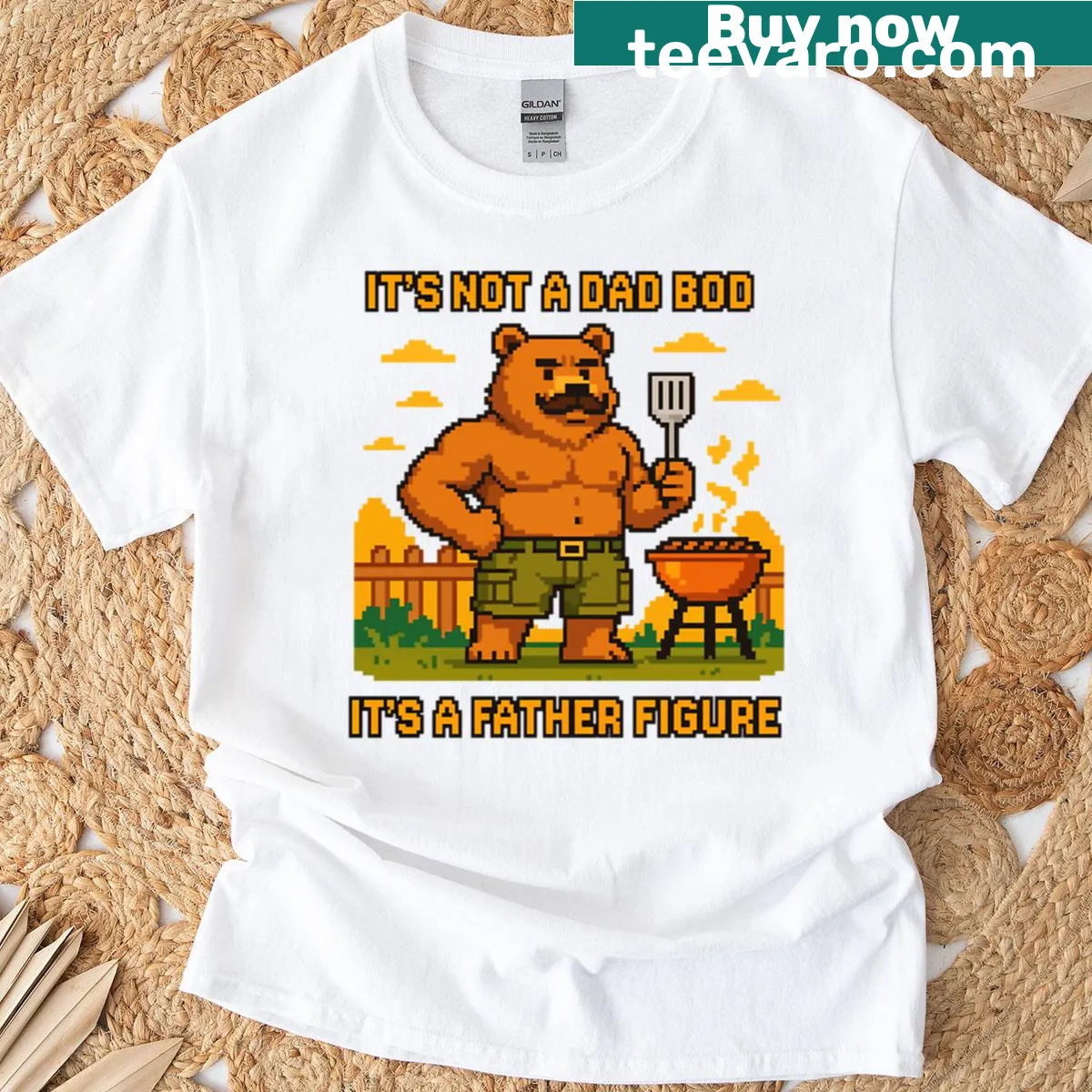 Pixelated bear grilling with humorous flexing pose. — on a men's t-shirt