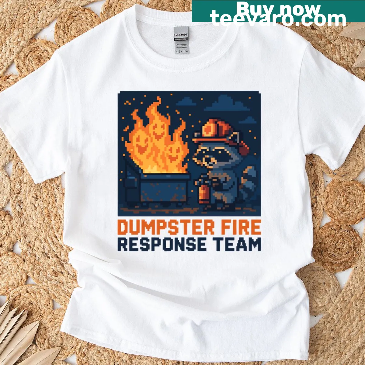 Graphic tee featuring a raccoon in a pixelated gaming design — on a men's t-shirt