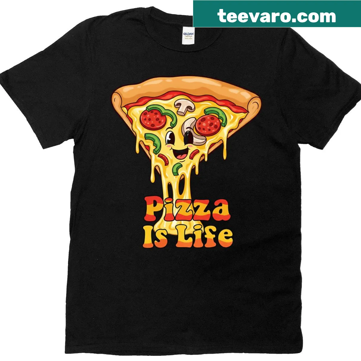 Oversized T-shirt with 'Pizza Is Life' text — on a men's t-shirt