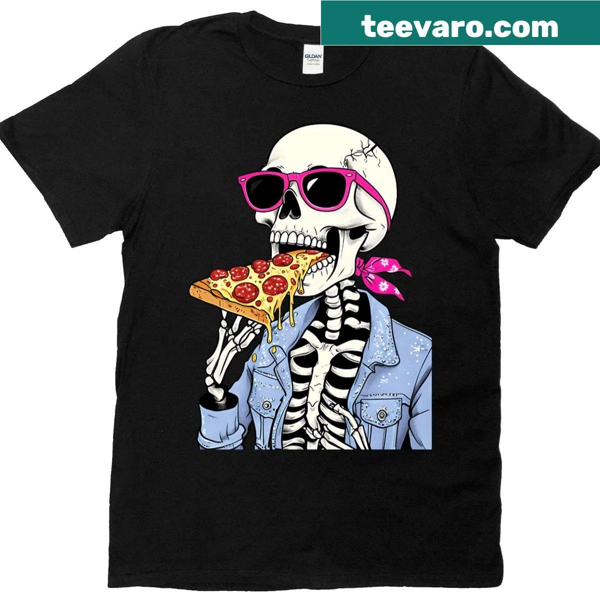 Skeleton enjoying pizza graphic on oversized T-shirt — on a men's t-shirt