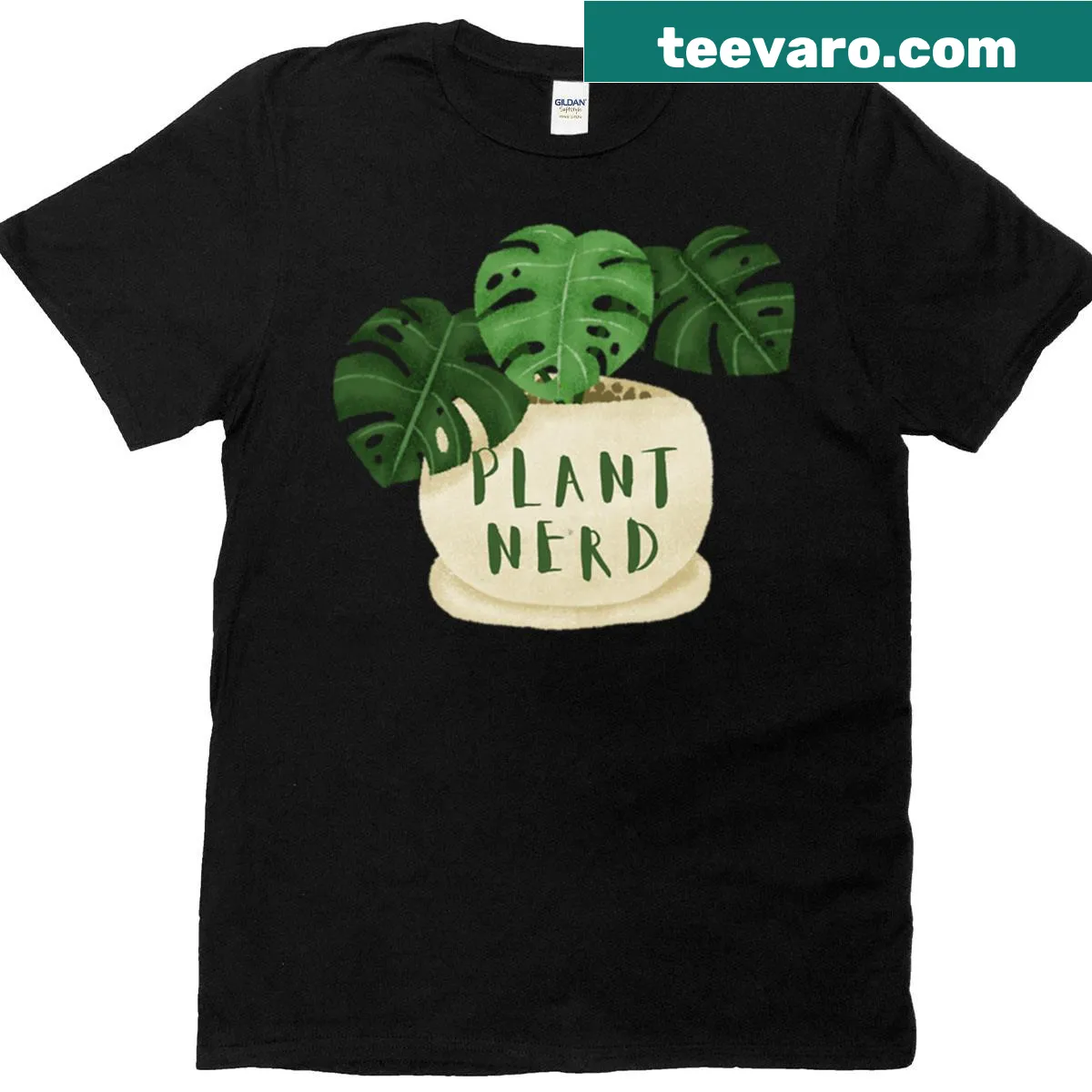 Cartoon Monstera plant on a funny 'Plant Nerd' T-shirt for kids — on a men's t-shirt