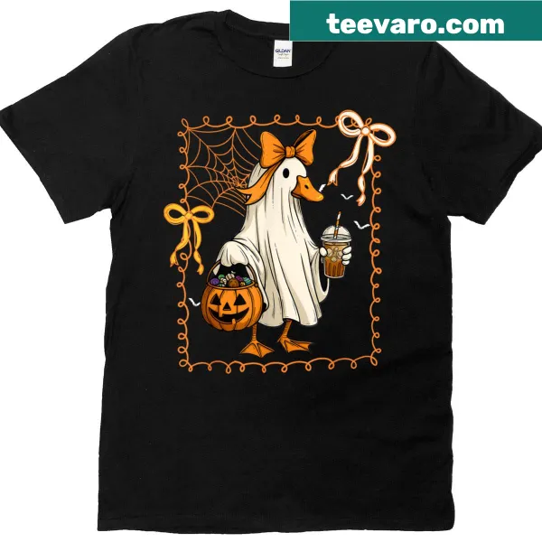 Cute ghost goose drinking coffee Halloween t-shirt