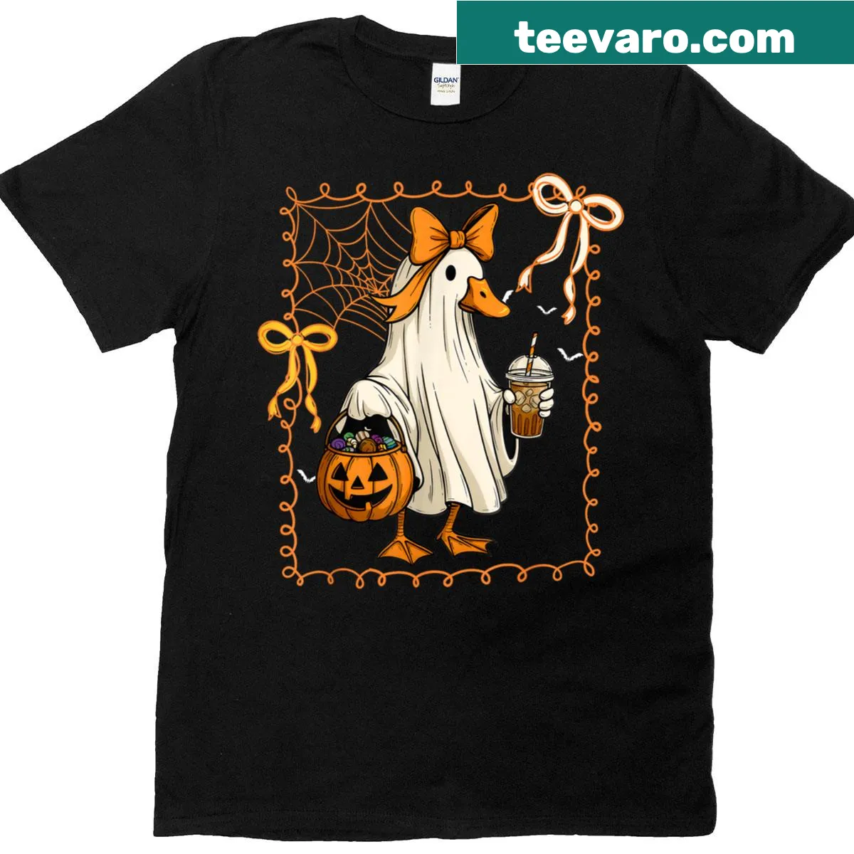Cute ghost goose drinking coffee Halloween t-shirt — on a men's t-shirt