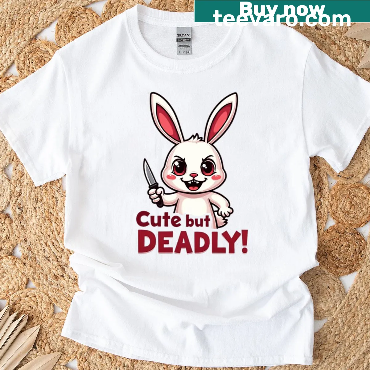 Cartoon-style cute rabbit on a T-shirt — on a men's t-shirt